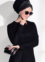 Tesettür giyim SİYAH T 80181 Elegance-Boncuk Detaylı Simli Pantolonlu Takım