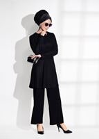 Tesettür giyim SİYAH T 80181 Elegance-Boncuk Detaylı Simli Pantolonlu Takım
