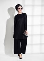 Tesettür giyim SİYAH T 80181 Elegance-Boncuk Detaylı Simli Pantolonlu Takım