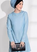 Tesettür giyim MAVİ T 80181 Elegance-Boncuk Detaylı Simli Pantolonlu Takım