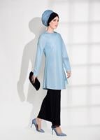 Tesettür giyim MAVİ T 80181 Elegance-Boncuk Detaylı Simli Pantolonlu Takım