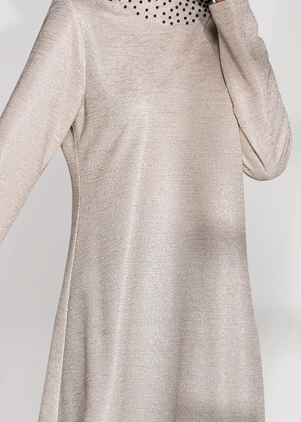 Tesettür giyim BEJ T 80181 Elegance-Boncuk Detaylı Simli Pantolonlu Takım