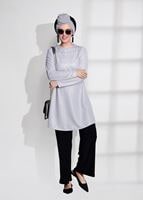 Tesettür giyim GRİ T 80181 Elegance-Boncuk Detaylı Simli Pantolonlu Takım
