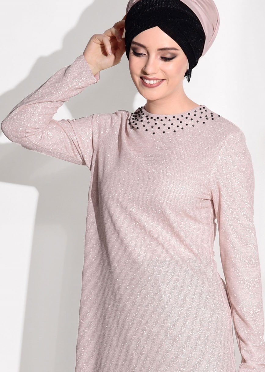Tesettür giyim PUDRA T 80181 Elegance-Boncuk Detaylı Simli Pantolonlu Takım