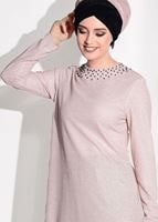 Tesettür giyim PUDRA T 80181 Elegance-Boncuk Detaylı Simli Pantolonlu Takım