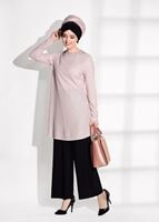 Tesettür giyim PUDRA T 80181 Elegance-Boncuk Detaylı Simli Pantolonlu Takım