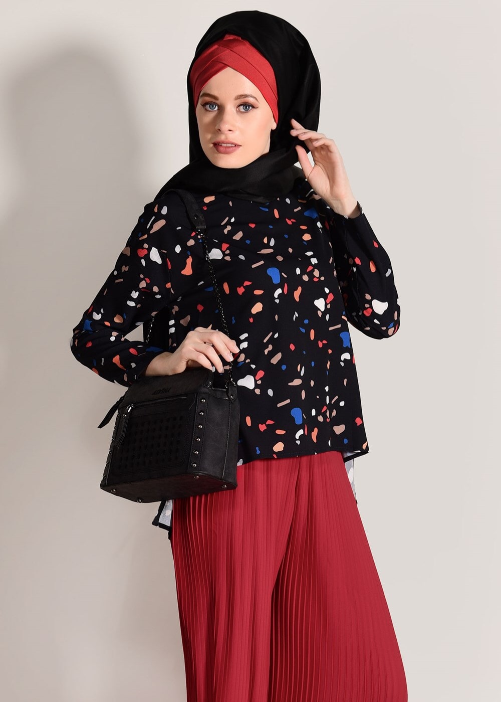 Vêtements hijab NOIR T 0103 Lmf- Desenli 2′li Pantolonlu Takım