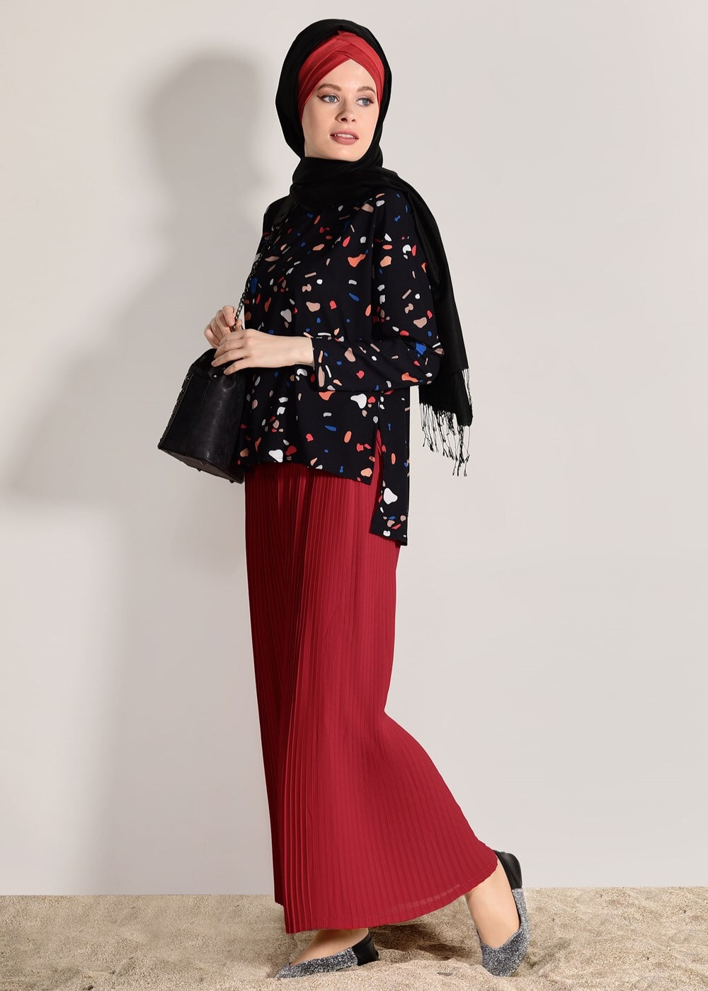 Vêtements hijab NOIR T 0103 Lmf- Desenli 2′li Pantolonlu Takım