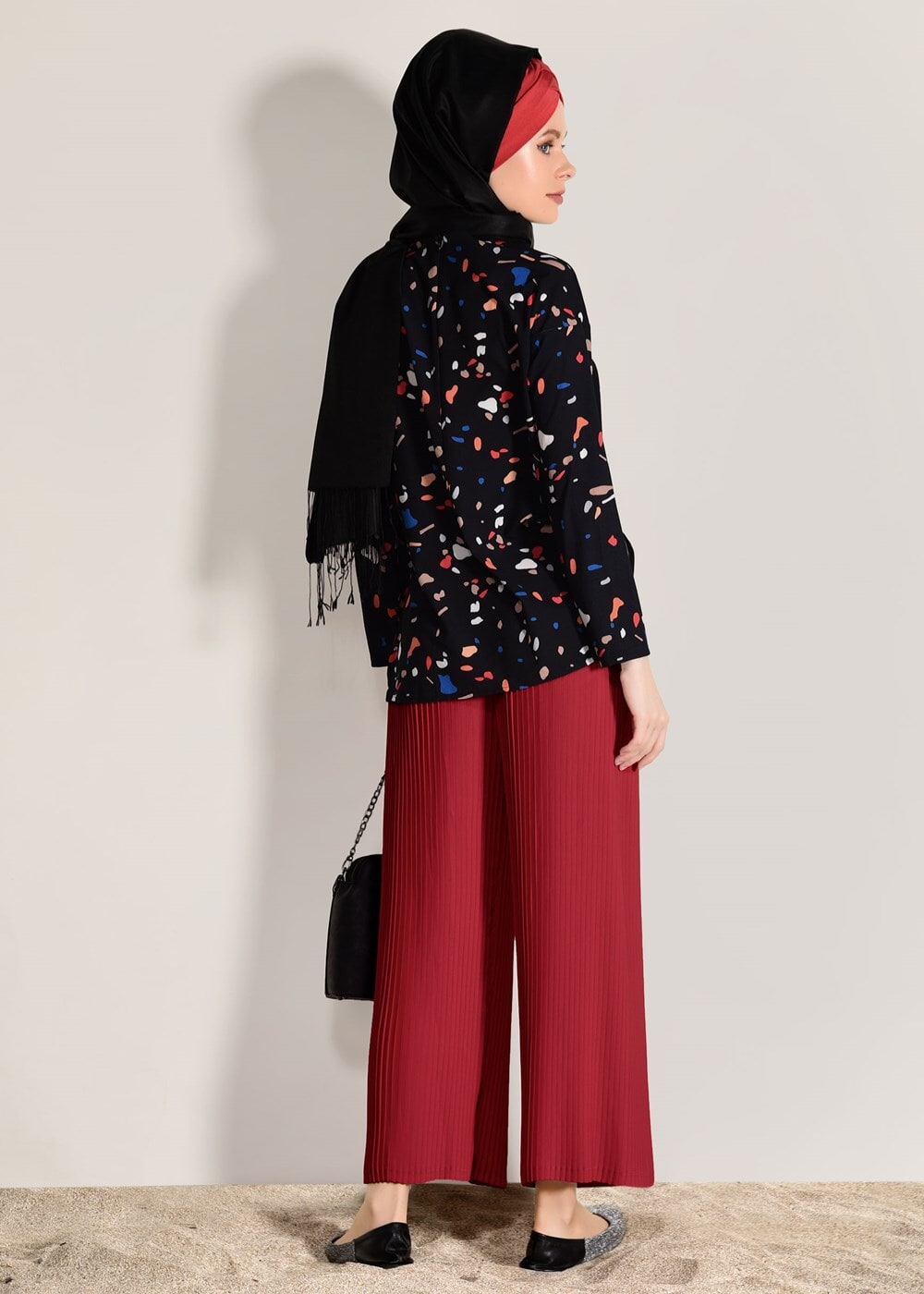 Vêtements hijab NOIR T 0103 Lmf- Desenli 2′li Pantolonlu Takım