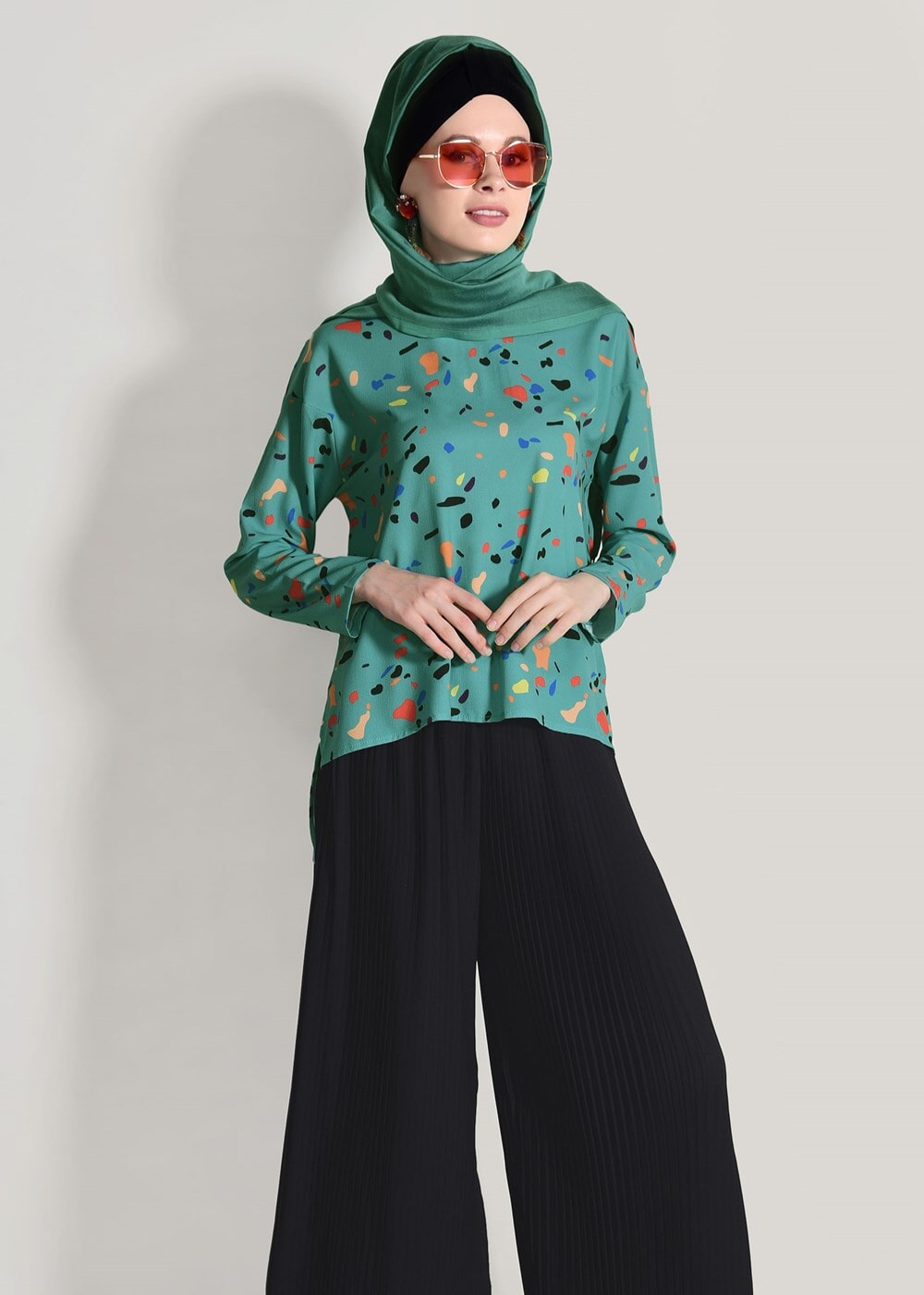 Vêtements hijab VERT T 0103 Lmf- Desenli 2′li Pantolonlu Takım