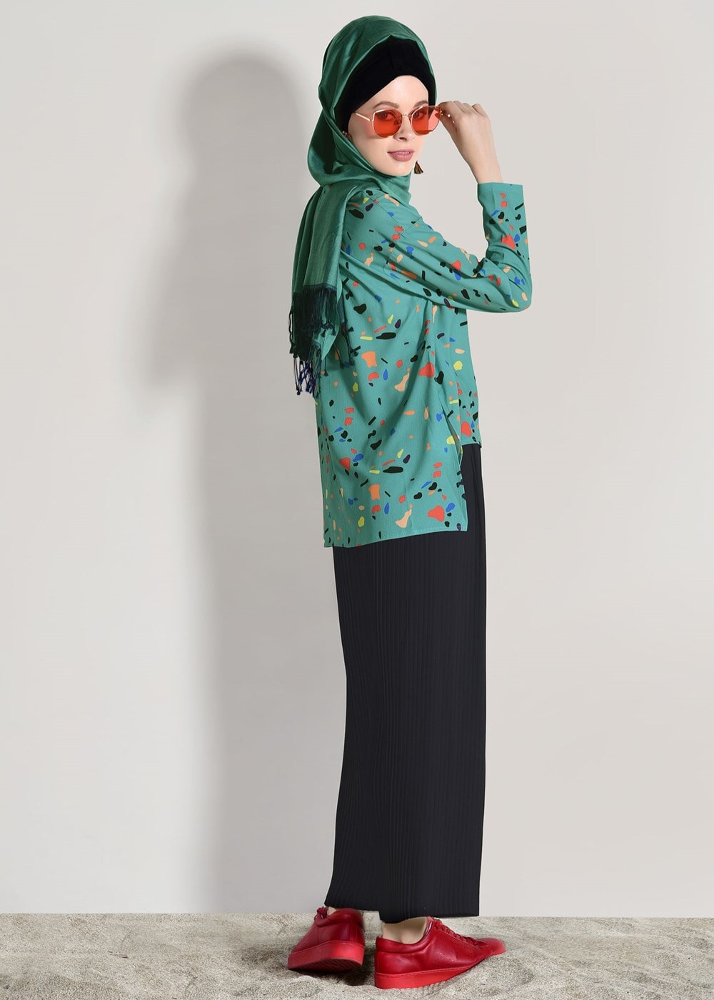 Vêtements hijab VERT T 0103 Lmf- Desenli 2′li Pantolonlu Takım