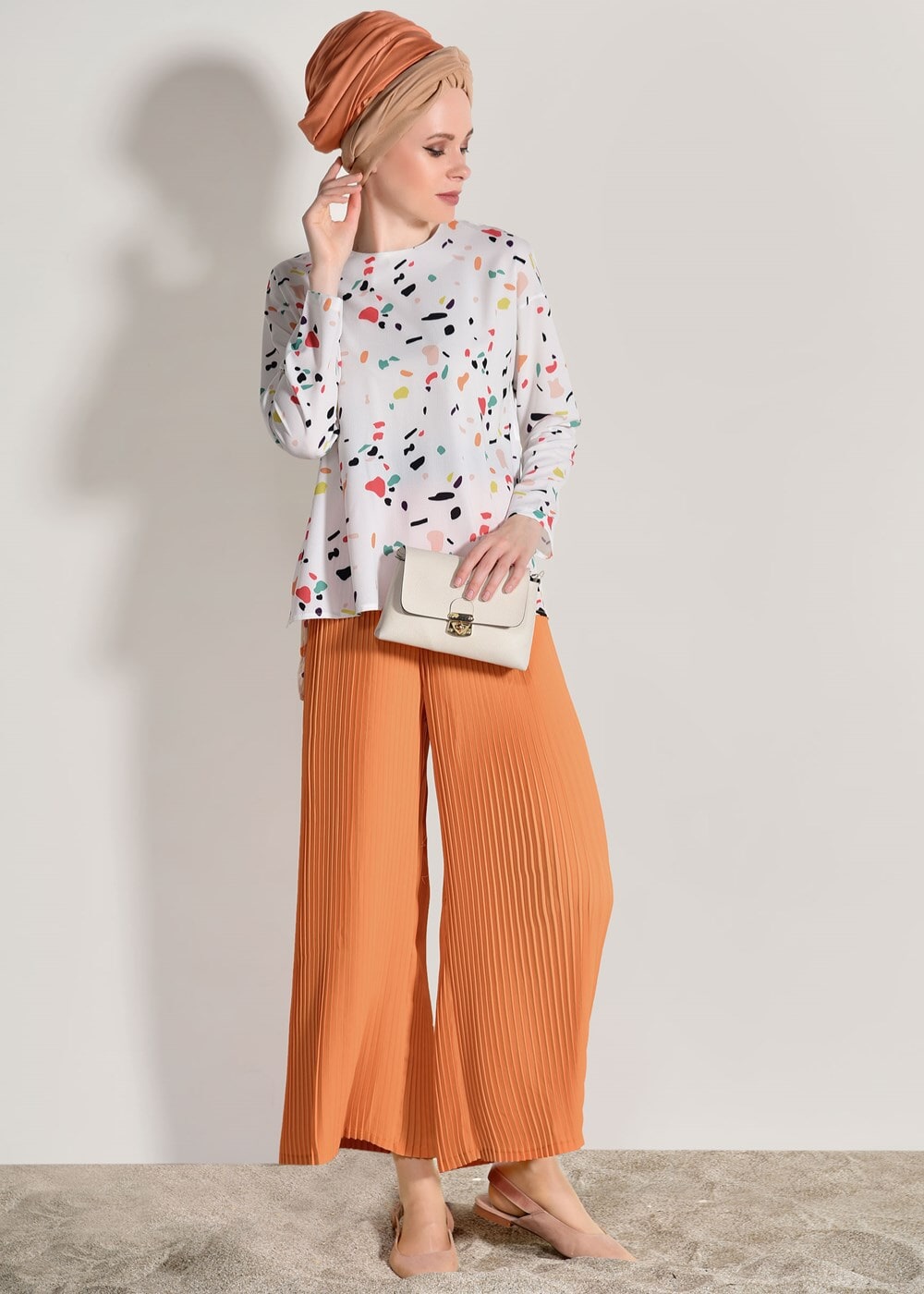 Vêtements hijab BLANC T 0103 Lmf- Desenli 2′li Pantolonlu Takım