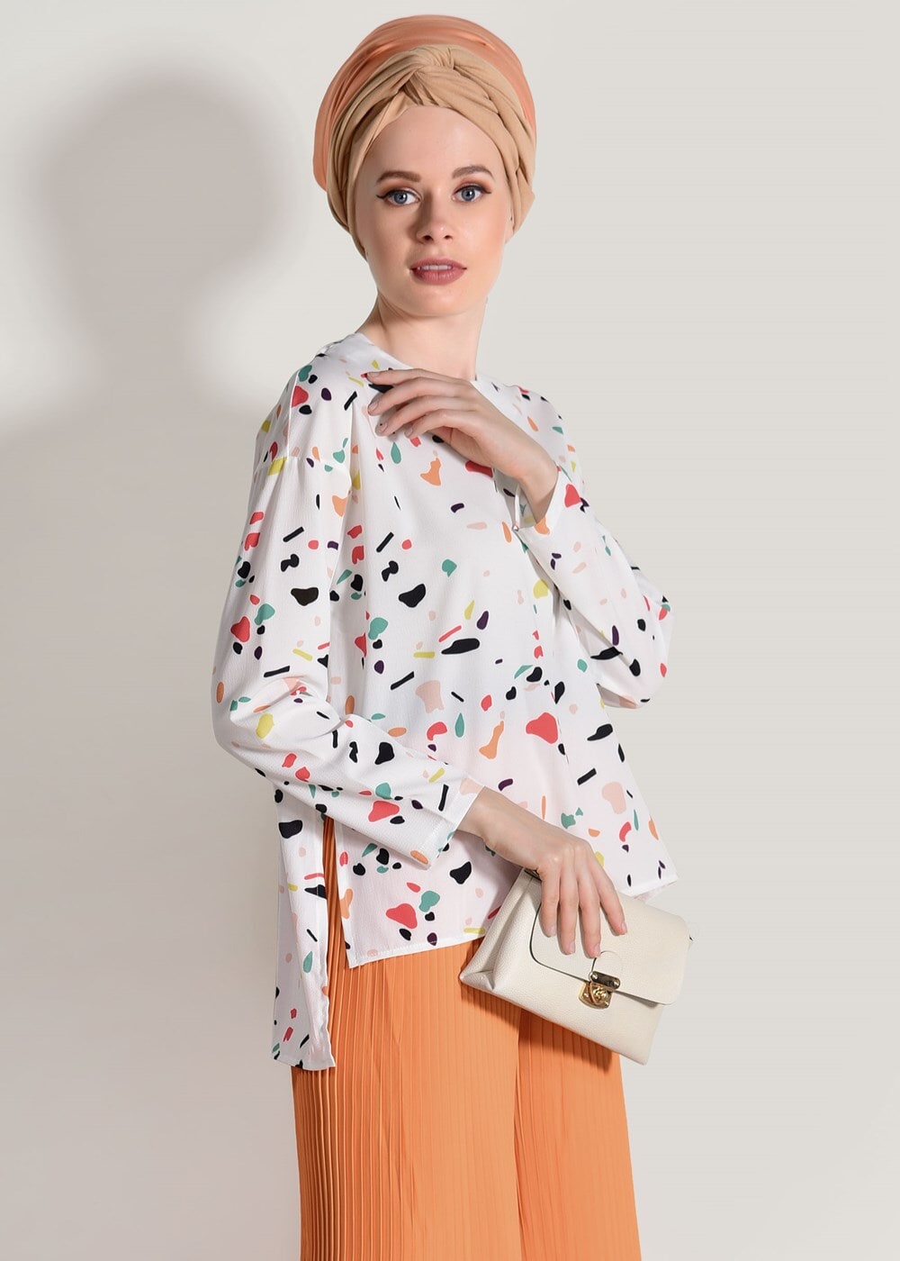 Vêtements hijab BLANC T 0103 Lmf- Desenli 2′li Pantolonlu Takım