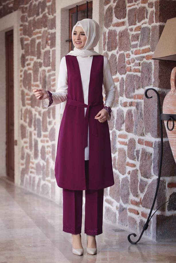 Tesettür giyim  GÜPÜR DETAYLI 3&prime;LÜ PANTOLONLU TAKIM 301 - TRENDTESETTÜR