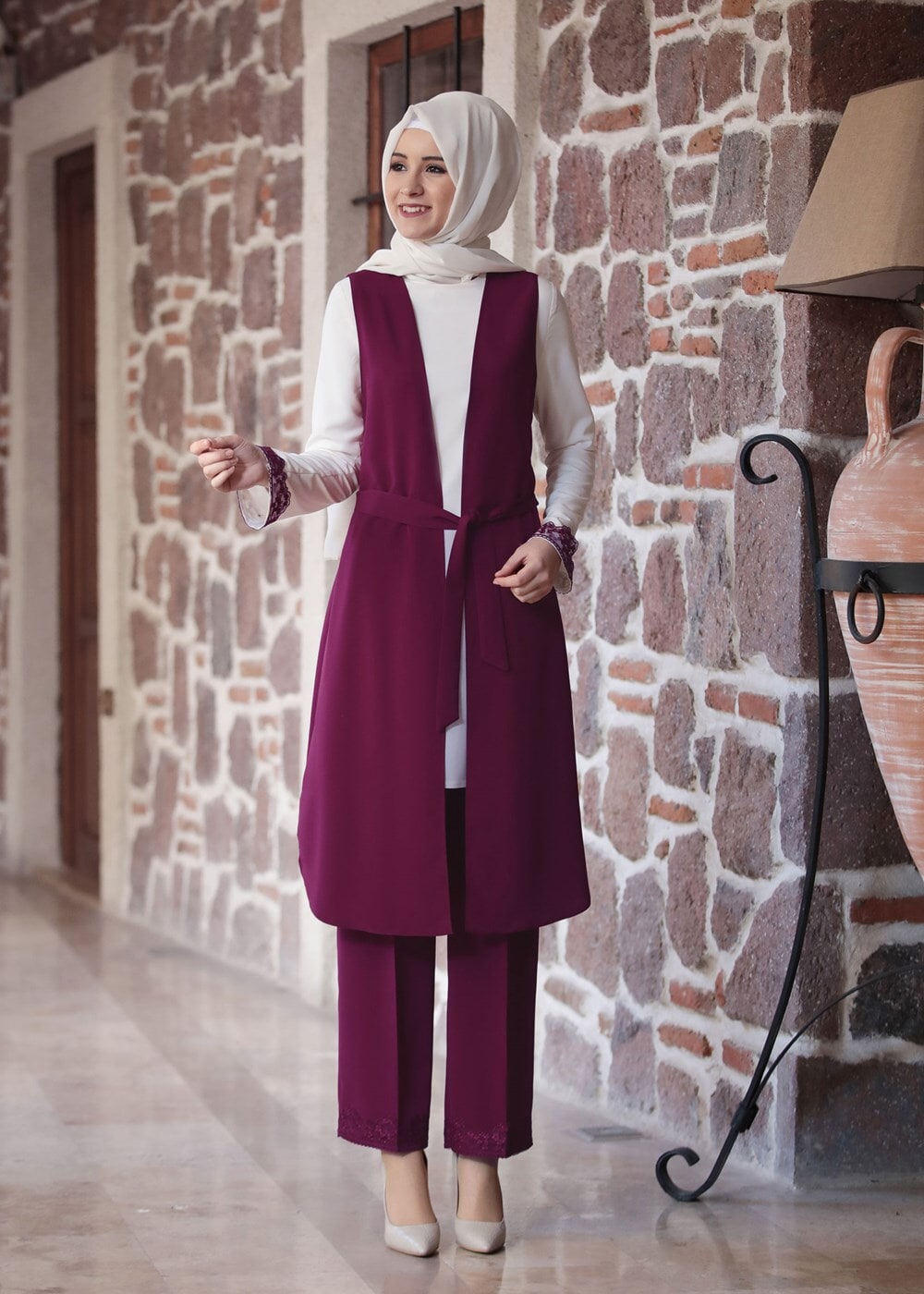 Tesettür giyim FUŞYA GÜPÜR DETAYLI 3&prime;LÜ PANTOLONLU TAKIM 301