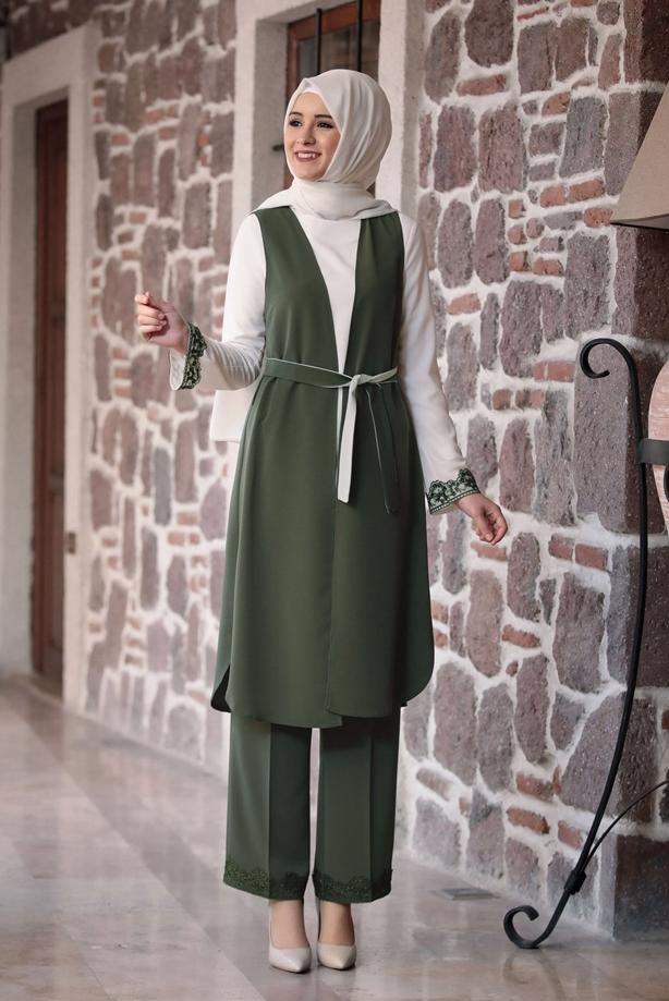 Tesettür giyim  GÜPÜR DETAYLI 3&prime;LÜ PANTOLONLU TAKIM 301 - TRENDTESETTÜR