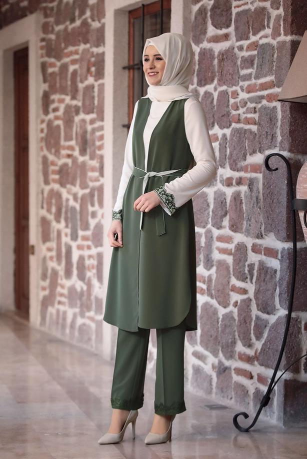 Tesettür giyim  GÜPÜR DETAYLI 3&prime;LÜ PANTOLONLU TAKIM 301 - TRENDTESETTÜR