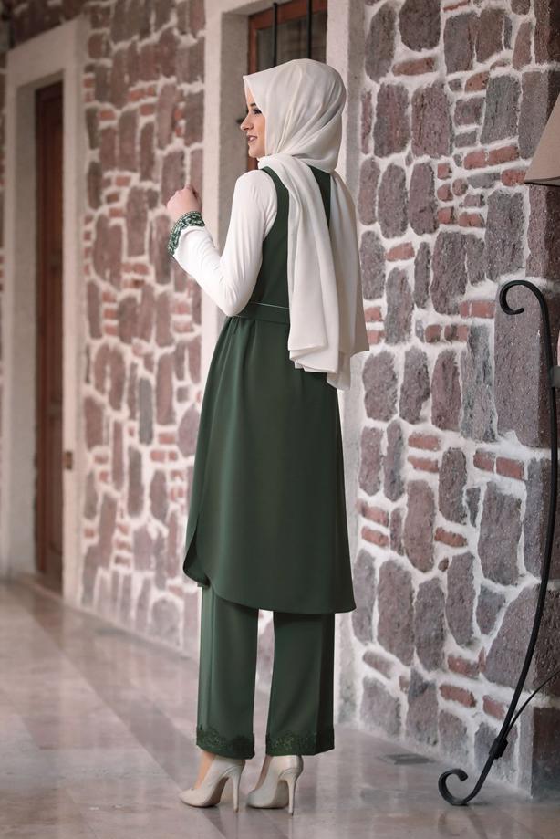 Tesettür giyim  GÜPÜR DETAYLI 3&prime;LÜ PANTOLONLU TAKIM 301 - TRENDTESETTÜR