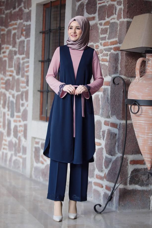 Tesettür giyim  GÜPÜR DETAYLI 3&prime;LÜ PANTOLONLU TAKIM 301 - TRENDTESETTÜR