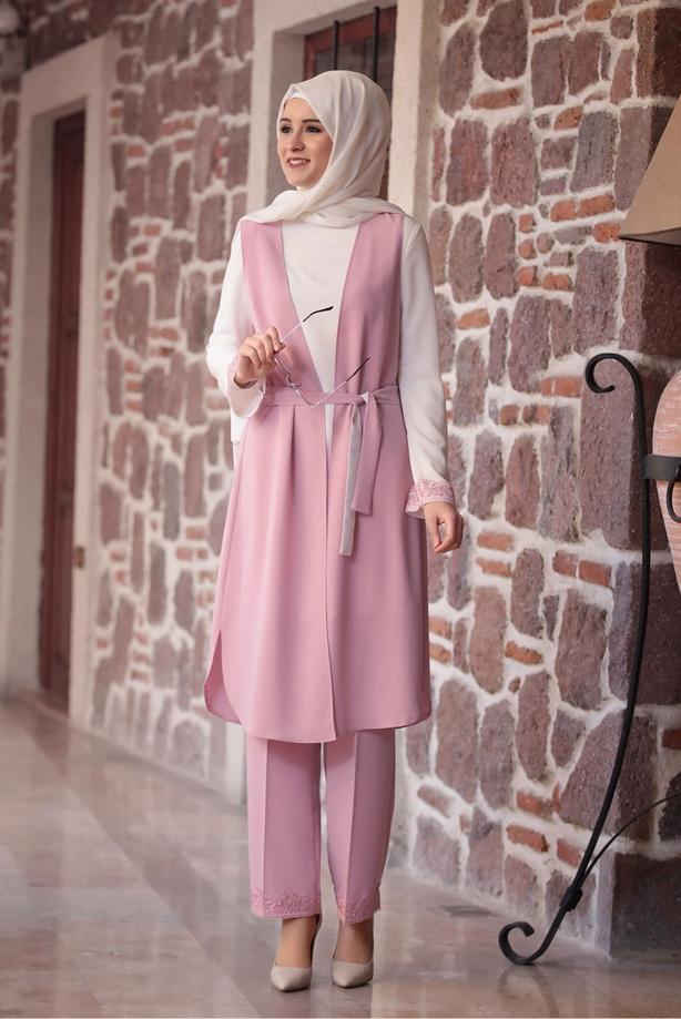 Tesettür giyim  GÜPÜR DETAYLI 3&prime;LÜ PANTOLONLU TAKIM 301 - TRENDTESETTÜR