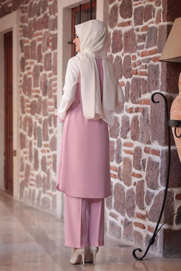 Tesettür giyim  GÜPÜR DETAYLI 3&prime;LÜ PANTOLONLU TAKIM 301 - TRENDTESETTÜR