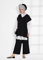 Tesettür giyim SİYAH T 0475 Asmiray- Boncuk İşlemeli 3&prime;lü Pantolonlu Takım