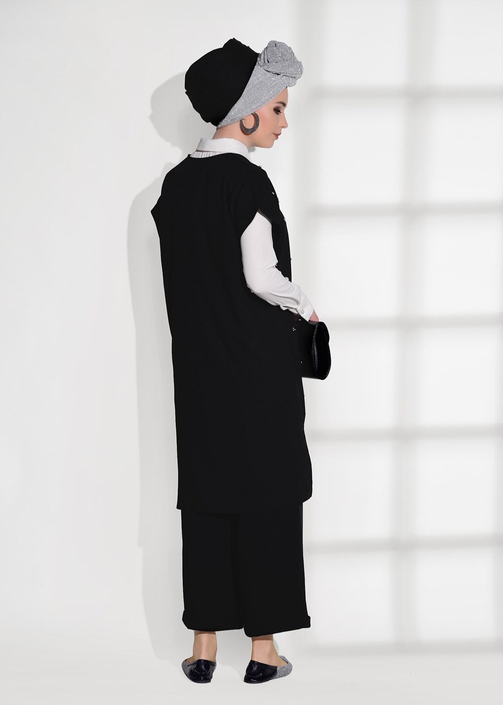 Tesettür giyim SİYAH T 0475 Asmiray- Boncuk İşlemeli 3&prime;lü Pantolonlu Takım