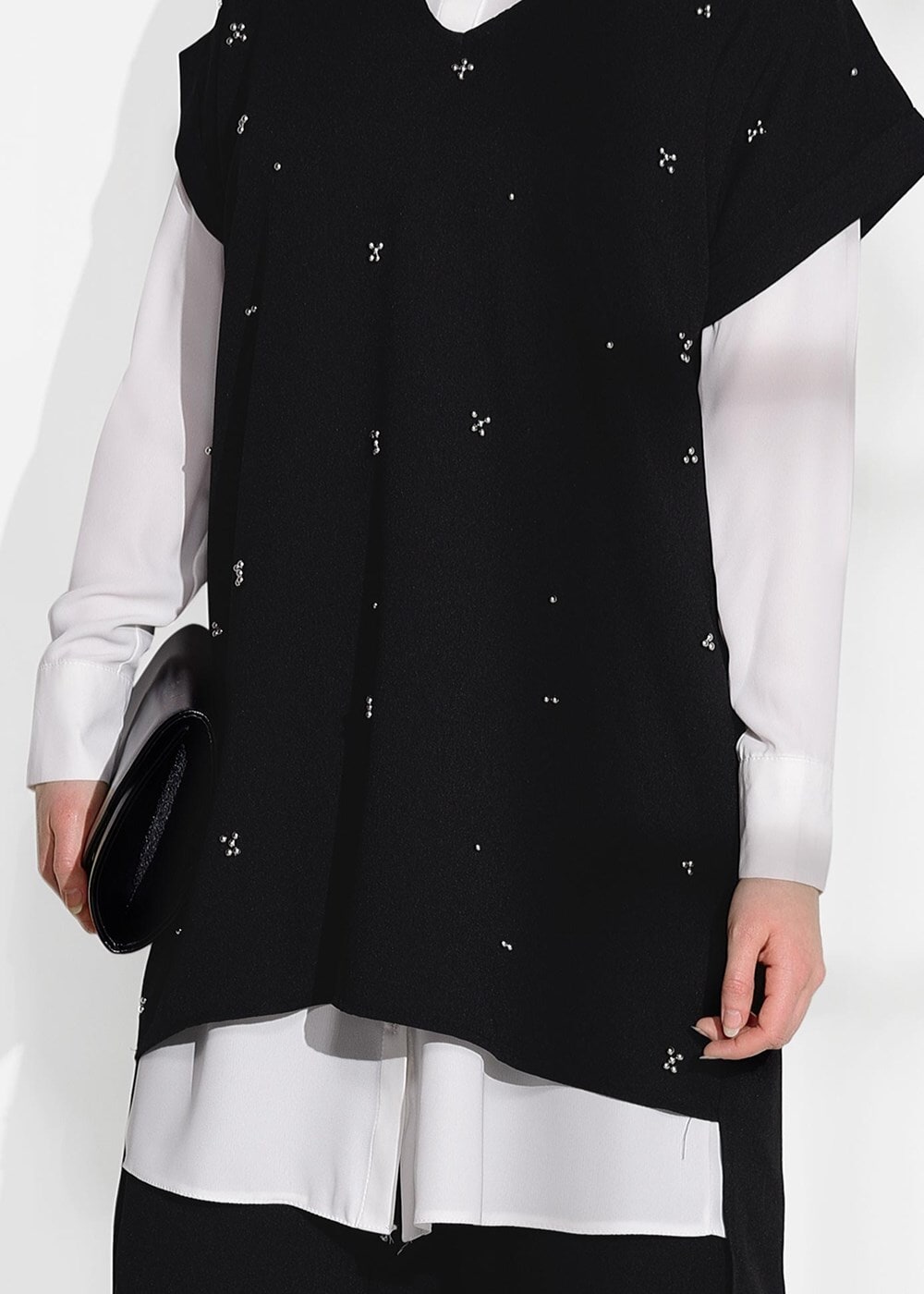 Tesettür giyim SİYAH T 0475 Asmiray- Boncuk İşlemeli 3&prime;lü Pantolonlu Takım