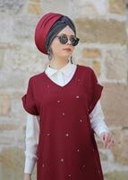 Tesettür giyim BORDO T 0475 Asmiray- Boncuk İşlemeli 3&prime;lü Pantolonlu Takım