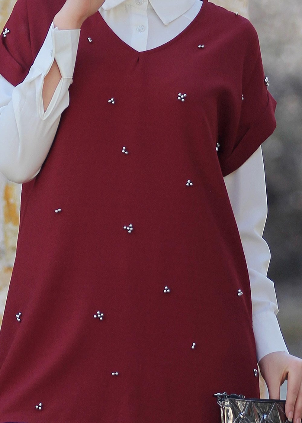 Tesettür giyim BORDO T 0475 Asmiray- Boncuk İşlemeli 3&prime;lü Pantolonlu Takım