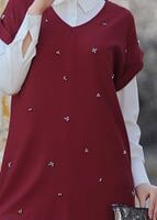 Tesettür giyim BORDO T 0475 Asmiray- Boncuk İşlemeli 3&prime;lü Pantolonlu Takım