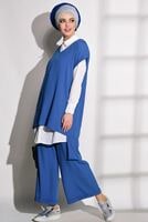 Tesettür giyim LACİVERT T 0475 Asmiray- Boncuk İşlemeli 3&prime;lü Pantolonlu Takım