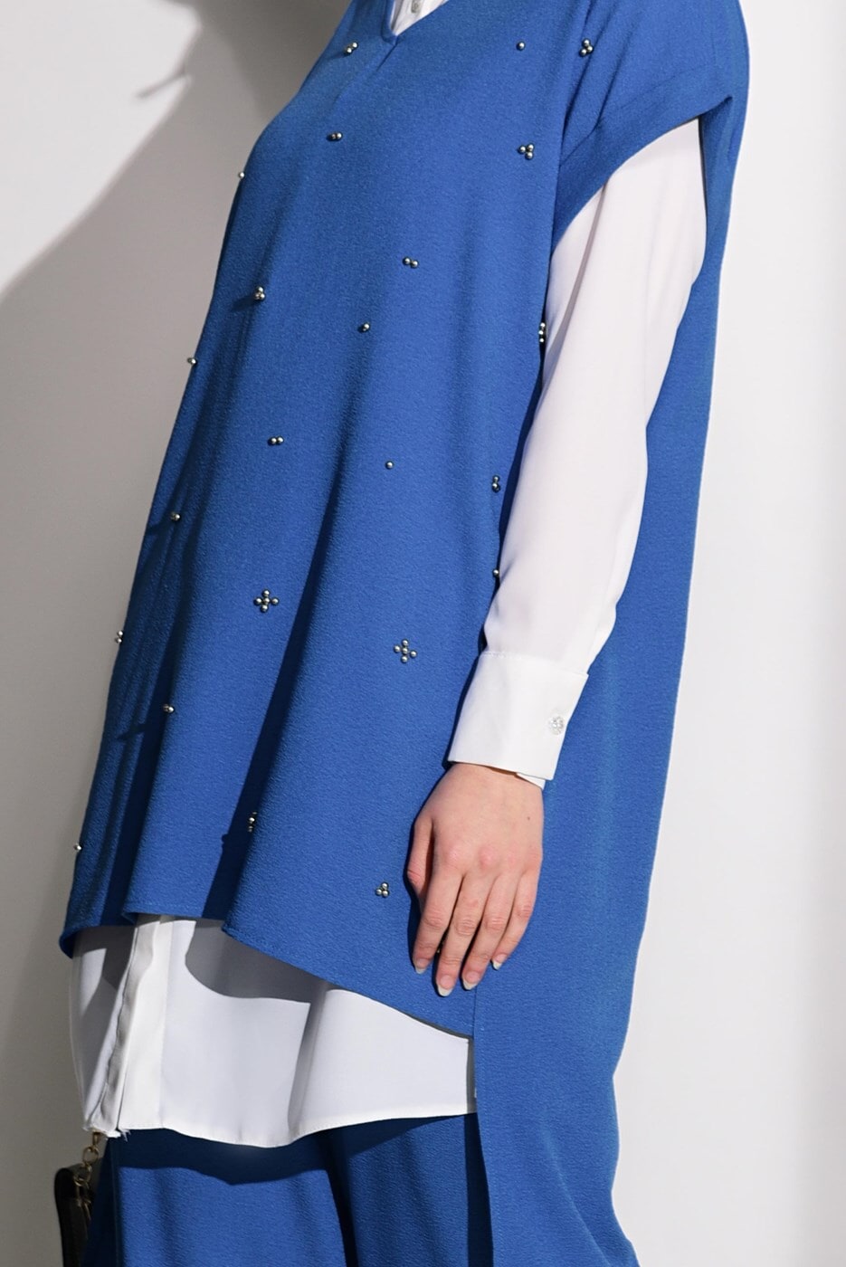 Tesettür giyim LACİVERT T 0475 Asmiray- Boncuk İşlemeli 3&prime;lü Pantolonlu Takım