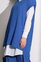 Tesettür giyim LACİVERT T 0475 Asmiray- Boncuk İşlemeli 3&prime;lü Pantolonlu Takım