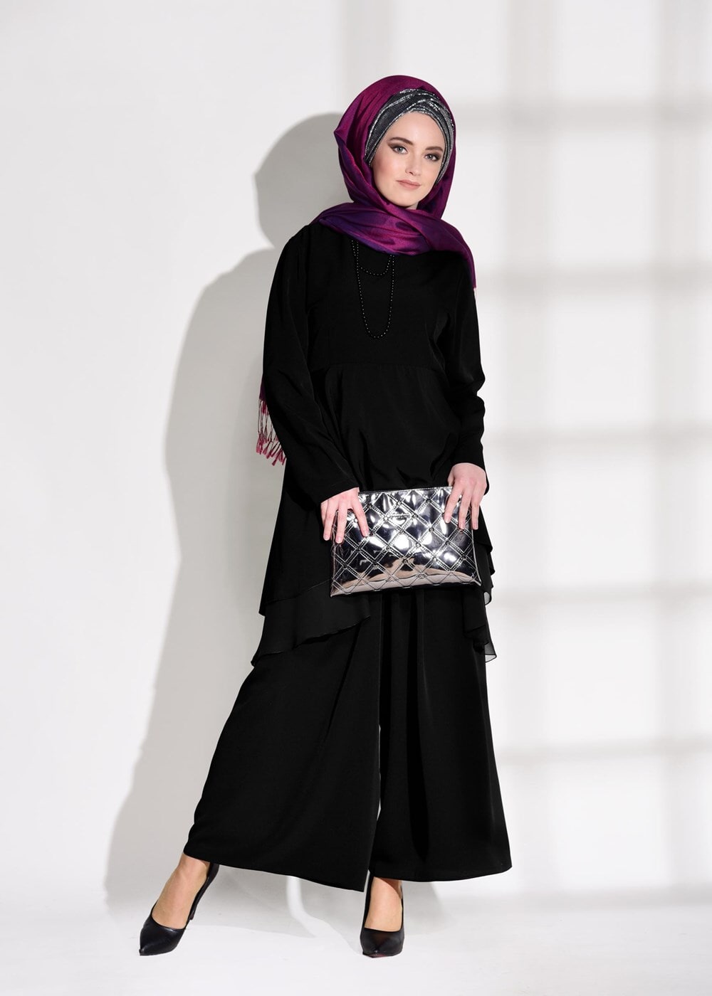 Tesettür giyim SİYAH VOLANLI 2&prime;Lİ PANTOLONLU TAKIM 0564 