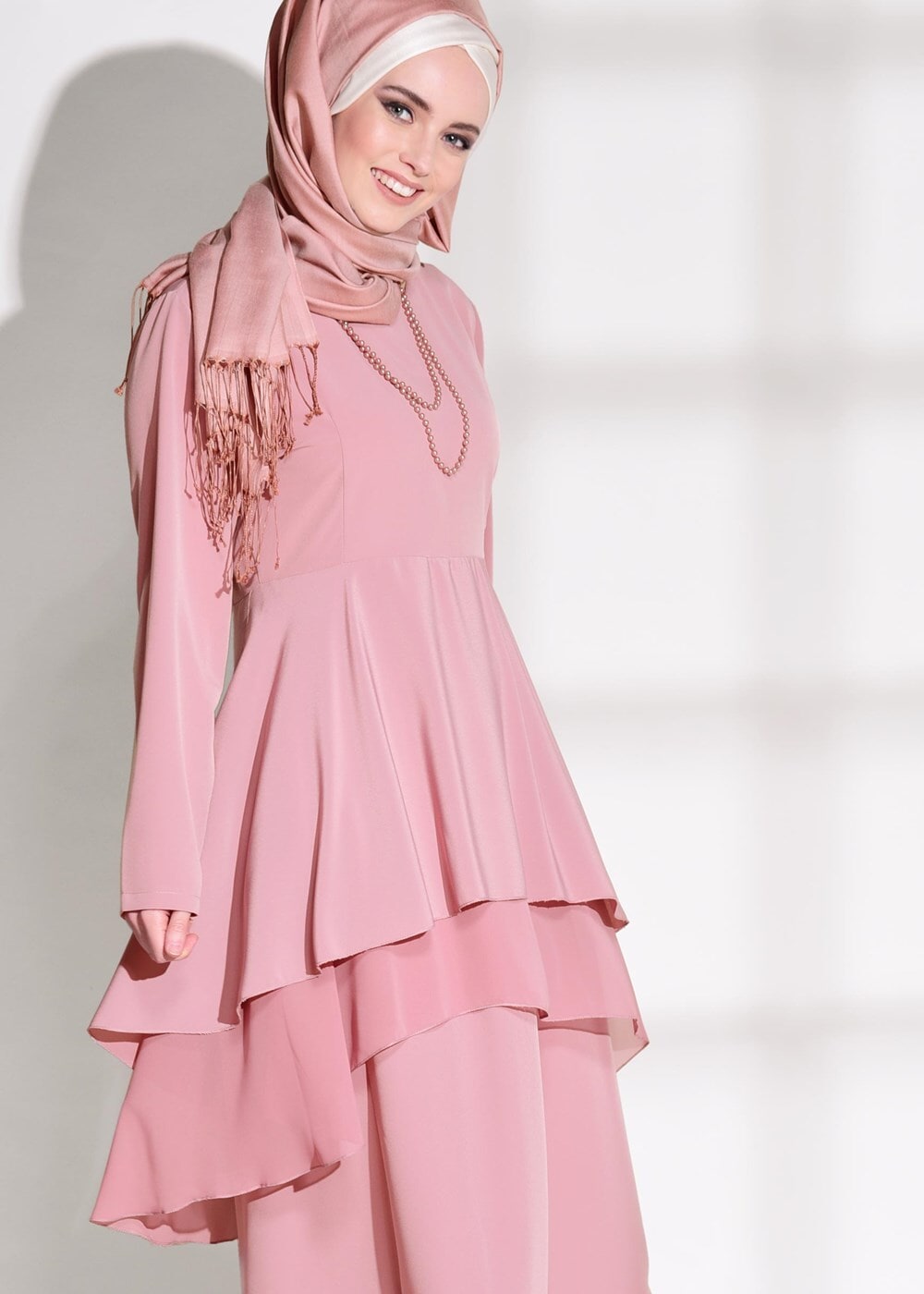 Tesettür giyim PEMBE VOLANLI 2&prime;Lİ PANTOLONLU TAKIM 0564 