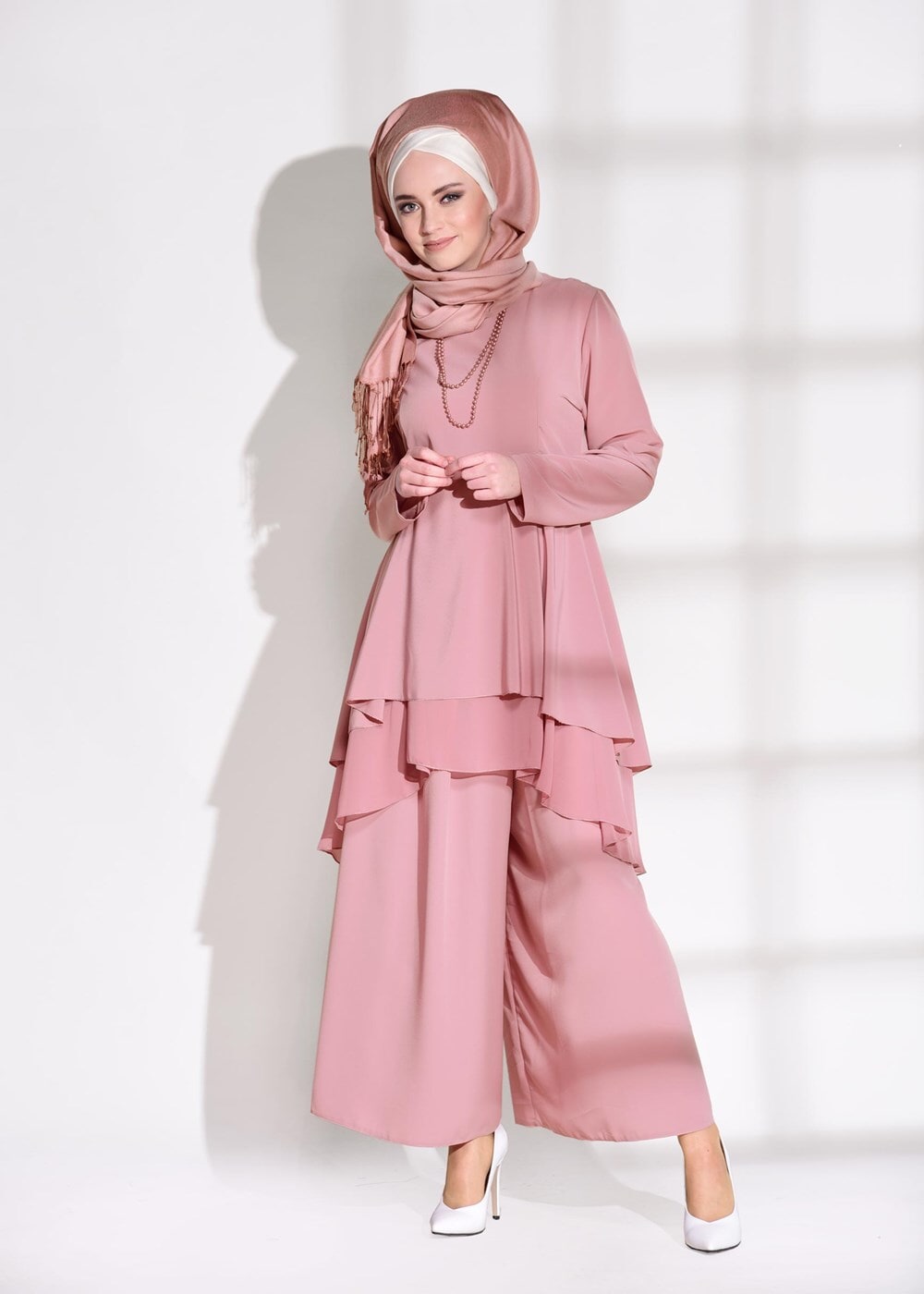 Tesettür giyim PEMBE VOLANLI 2&prime;Lİ PANTOLONLU TAKIM 0564 