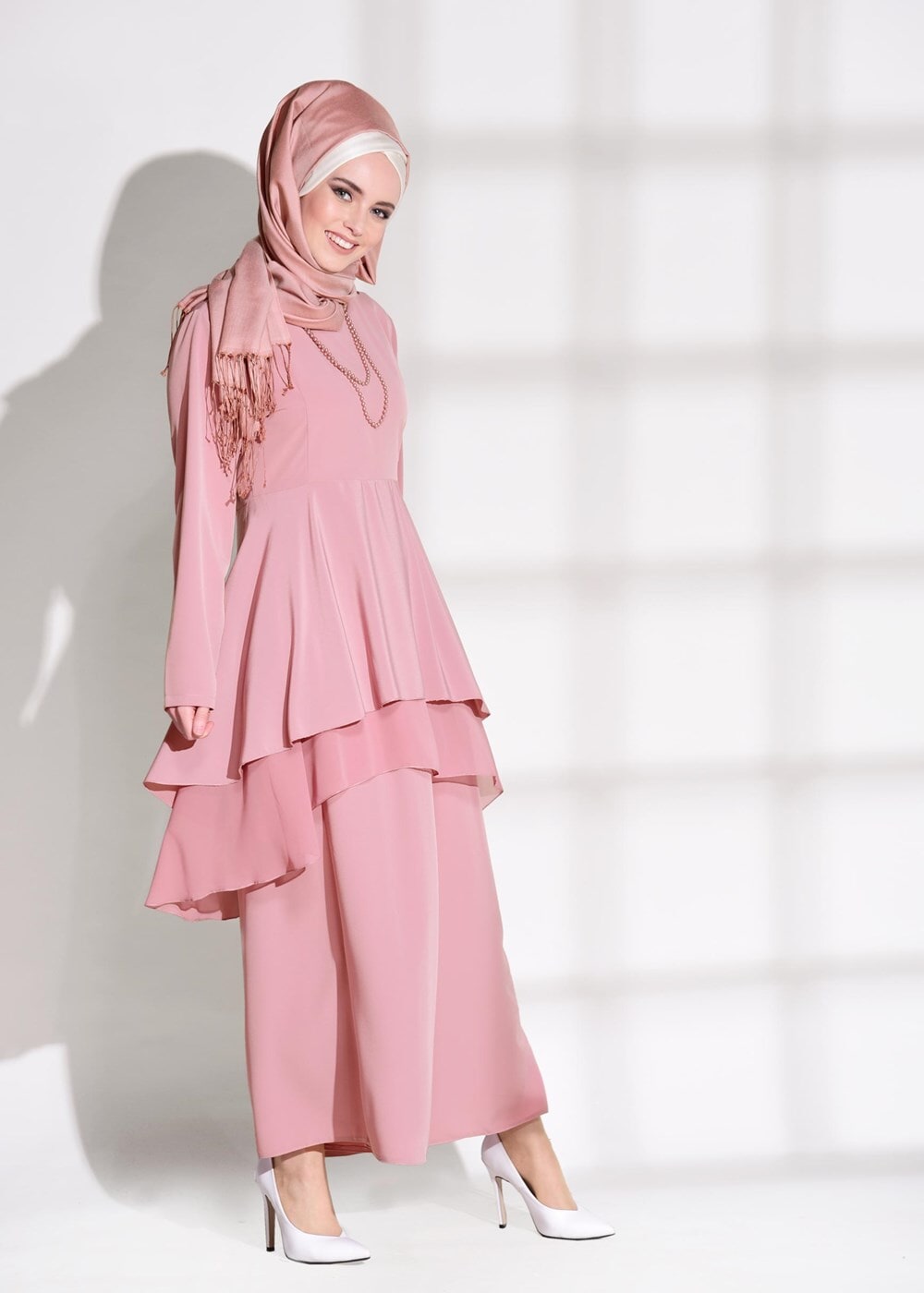 Tesettür giyim PEMBE VOLANLI 2&prime;Lİ PANTOLONLU TAKIM 0564 