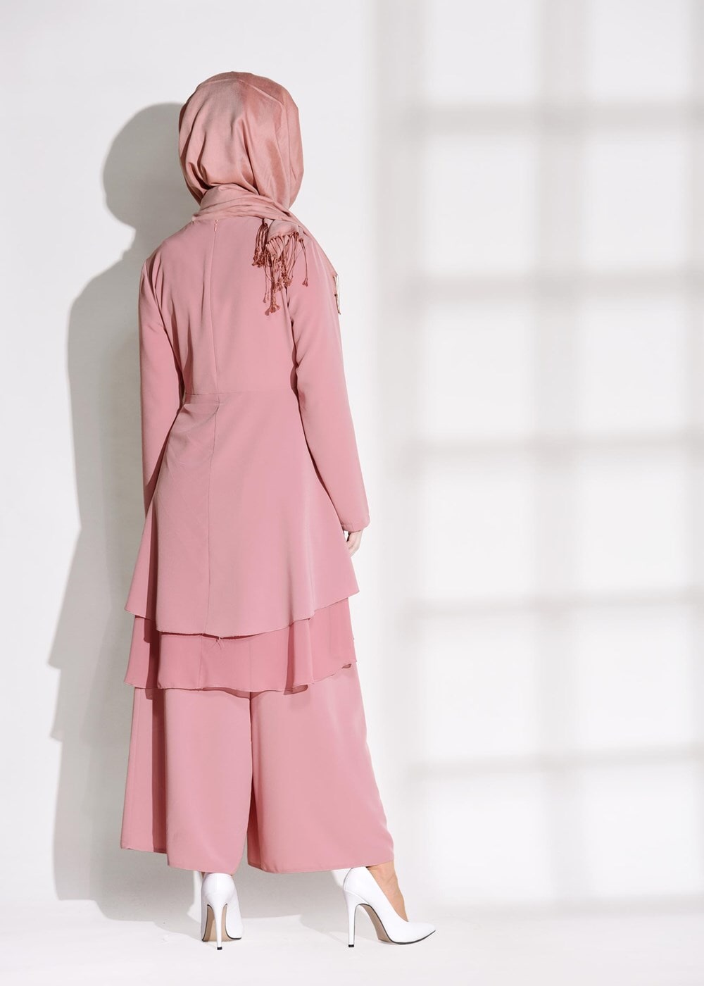 Tesettür giyim PEMBE VOLANLI 2&prime;Lİ PANTOLONLU TAKIM 0564 
