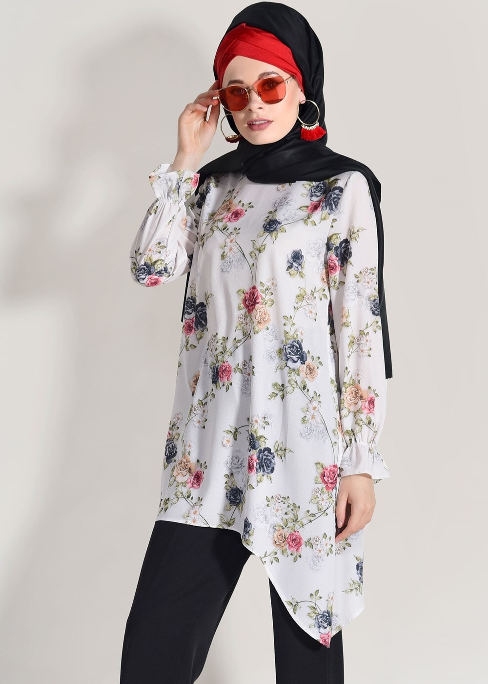 Vêtements hijab NOIR COSTUME PANTALON IMPRIMÉ FLEURI 985