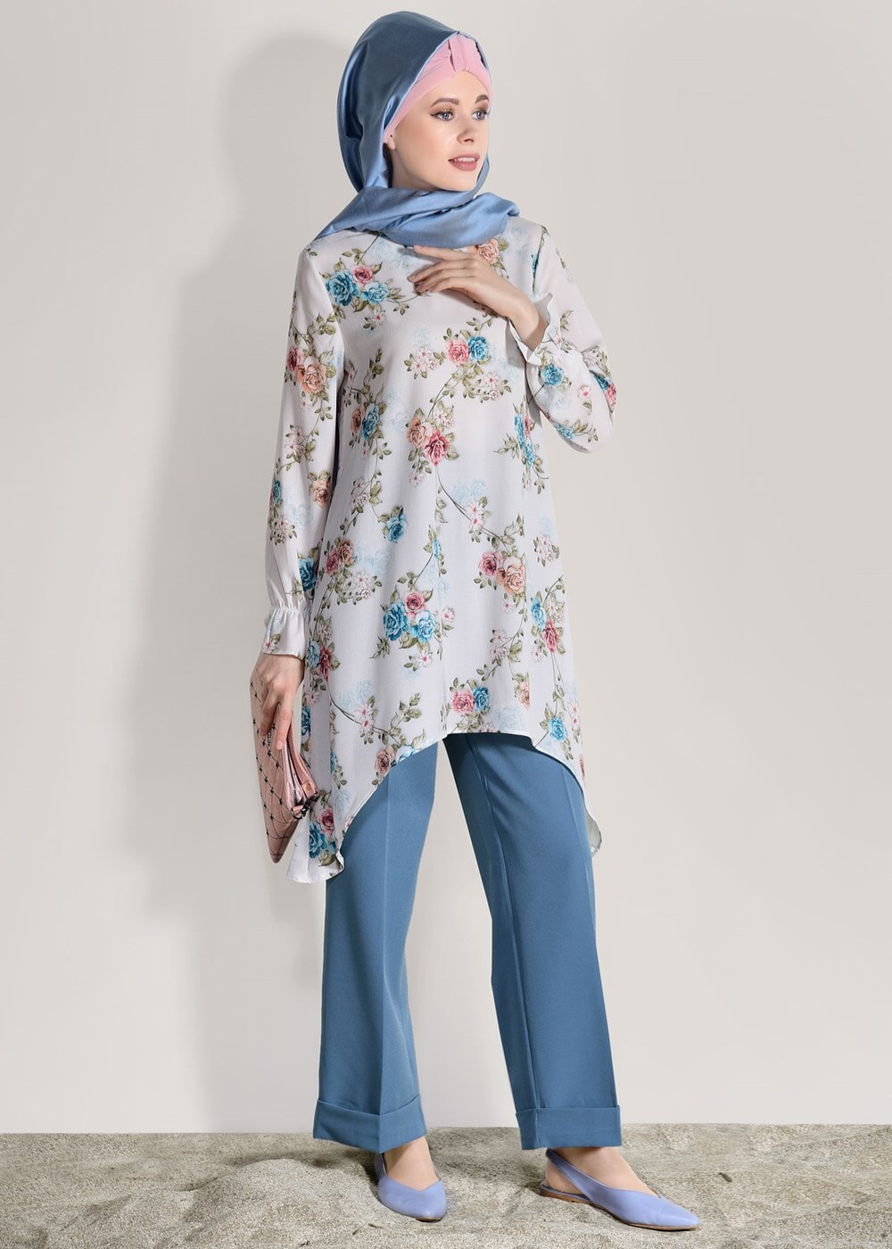 Hijab clothing BLUE FLORAL SUIT WITH PANTS 985 