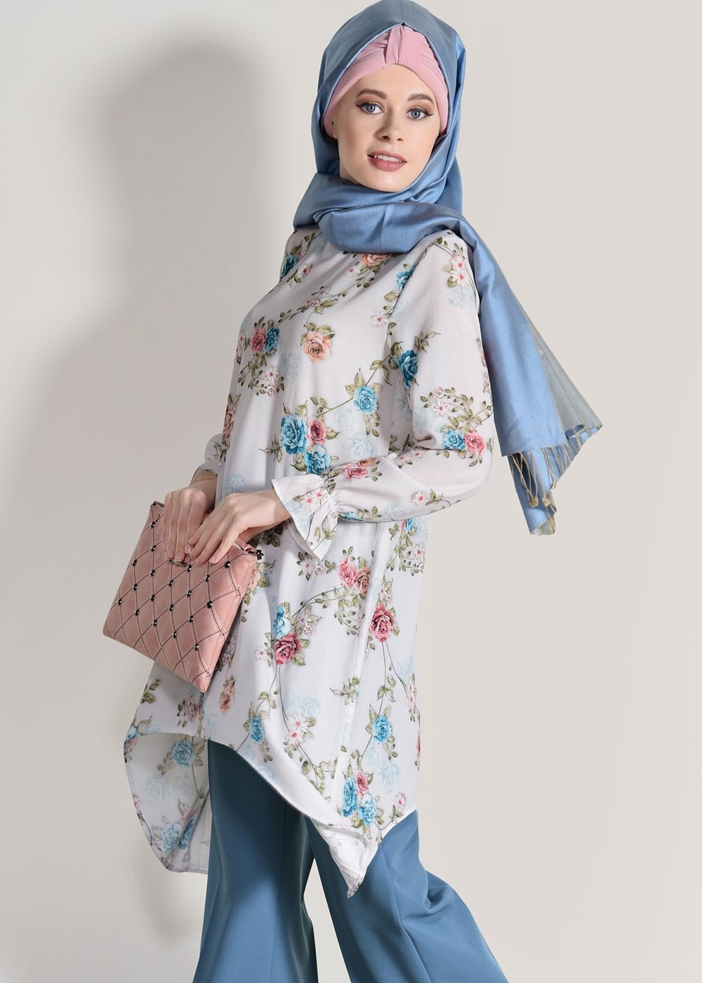 Hijab clothing BLUE FLORAL SUIT WITH PANTS 985 