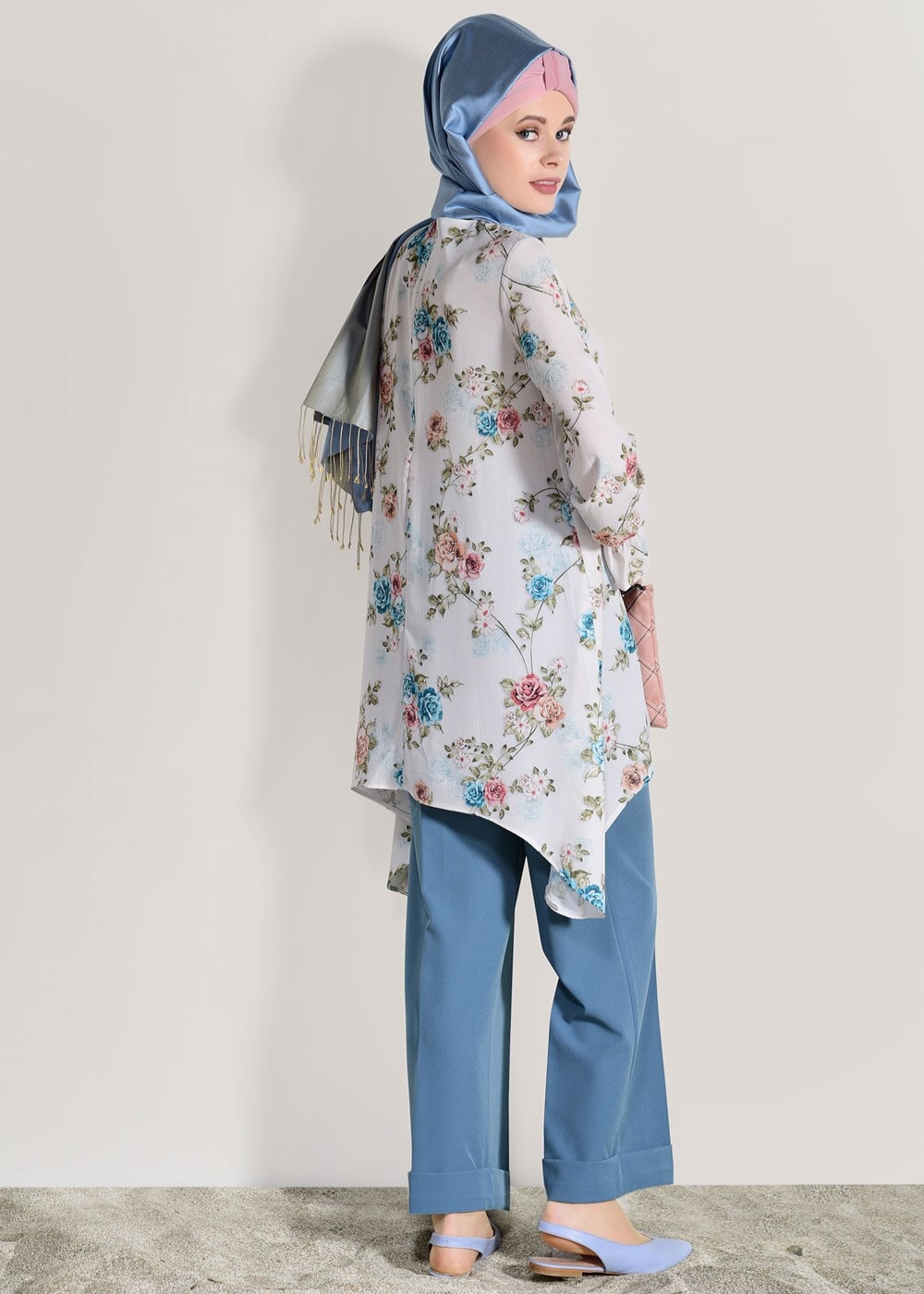 Hijab clothing BLUE FLORAL SUIT WITH PANTS 985 