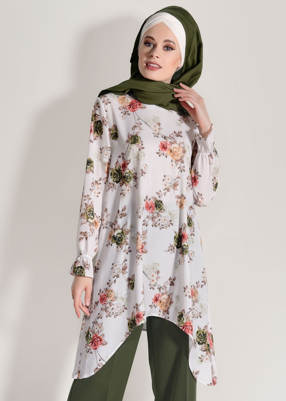 Vêtements hijab KAKI COSTUME PANTALON IMPRIMÉ FLEURI 985