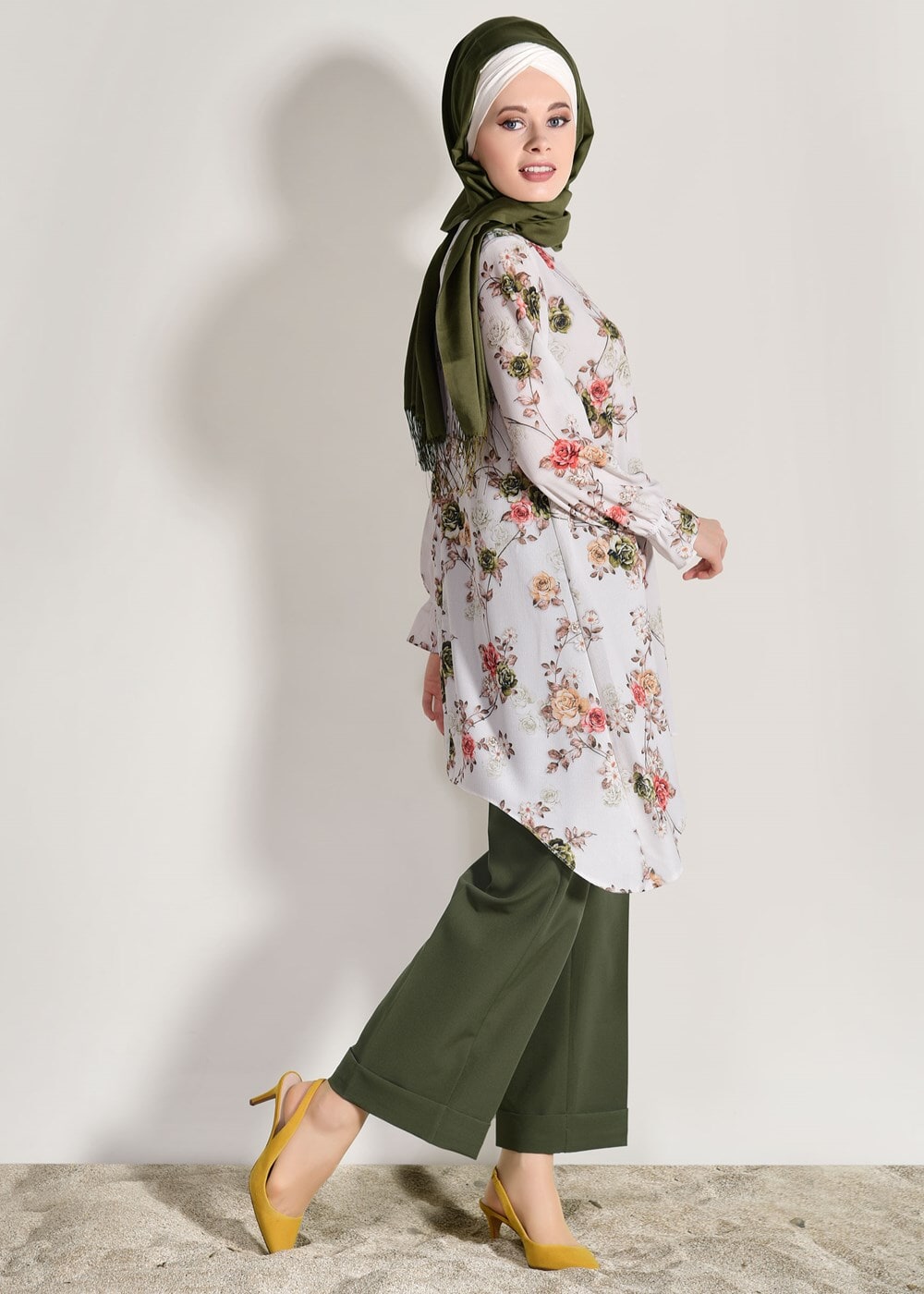 Hijab clothing KHAKI FLORAL SUIT WITH PANTS 985 