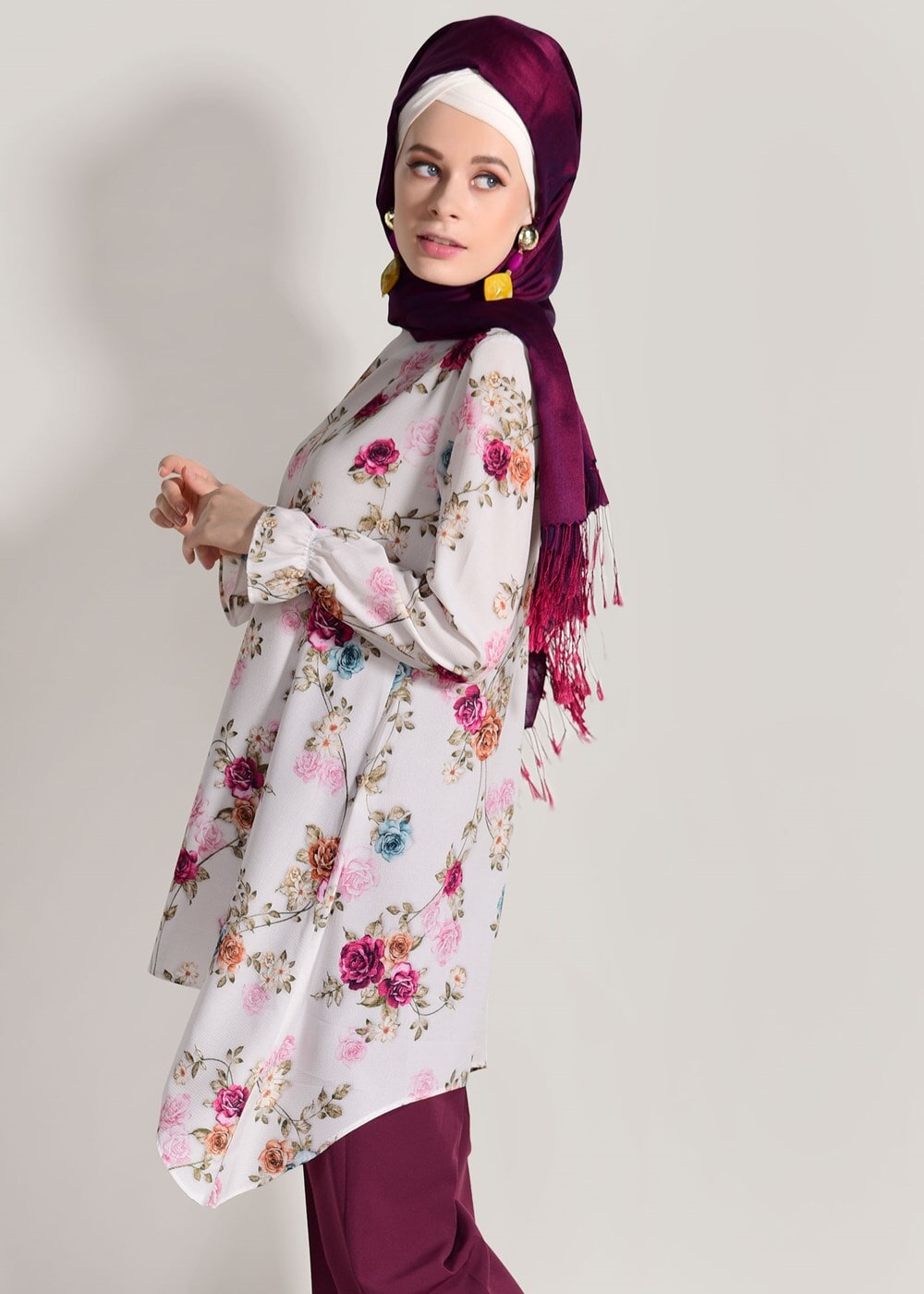 Vêtements hijab POURPRE COSTUME PANTALON IMPRIMÉ FLEURI 985