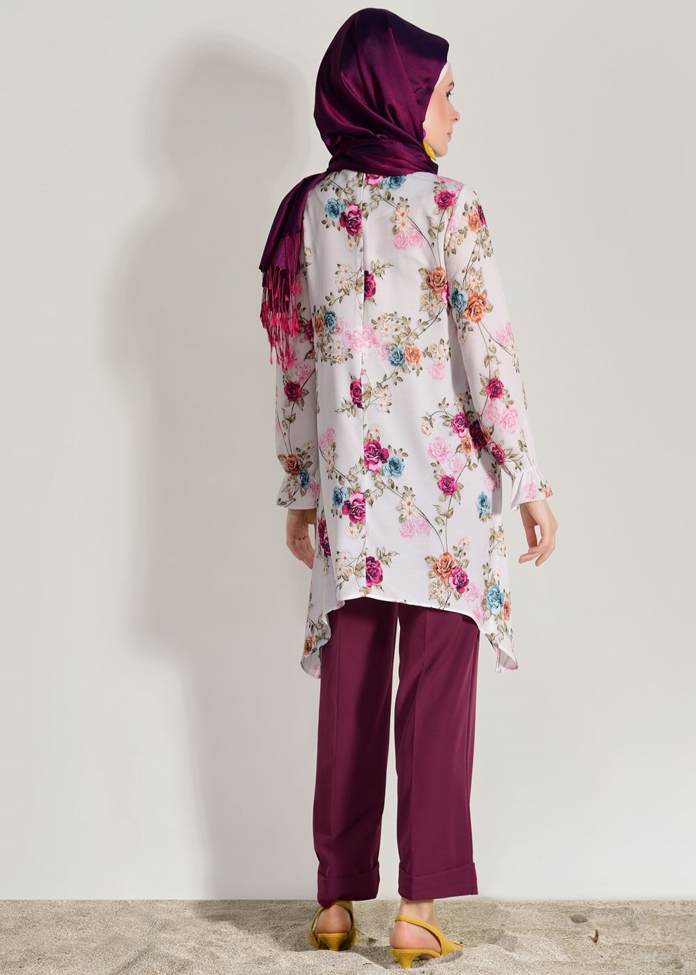 Vêtements hijab POURPRE COSTUME PANTALON IMPRIMÉ FLEURI 985