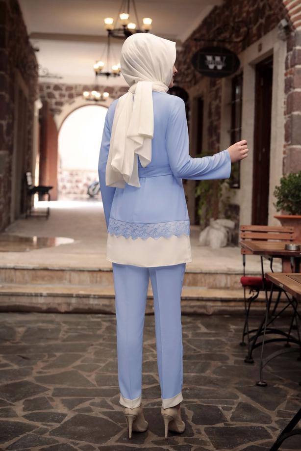 Tesettür giyim  DANTEL DETAYLI BELİ KUŞAKLI PANTOLONLU TAKIM 1301 - TRENDTESETTÜR