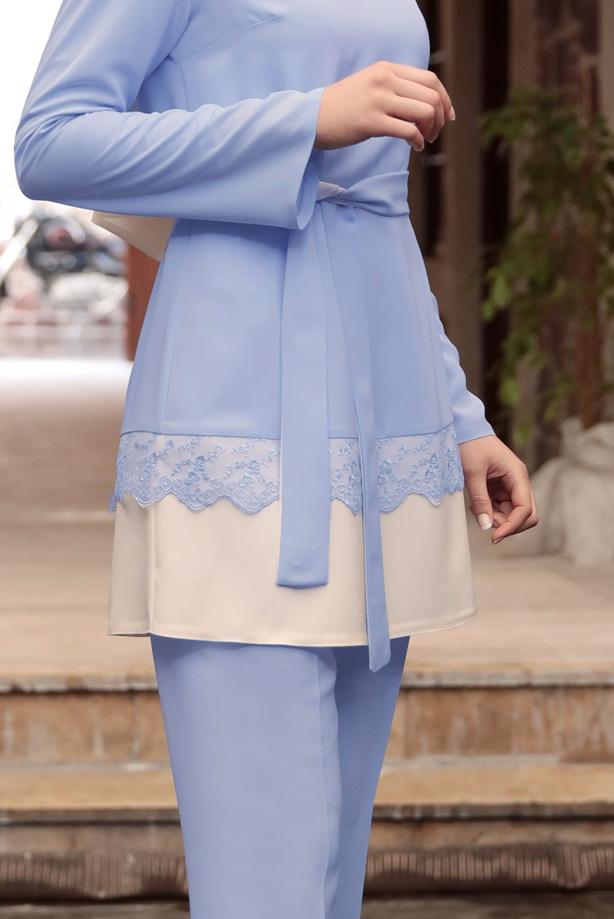 Tesettür giyim  DANTEL DETAYLI BELİ KUŞAKLI PANTOLONLU TAKIM 1301 - TRENDTESETTÜR