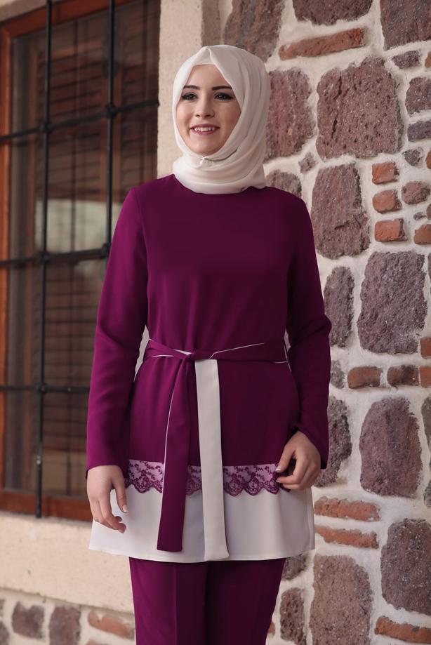 Tesettür giyim  DANTEL DETAYLI BELİ KUŞAKLI PANTOLONLU TAKIM 1301 - TRENDTESETTÜR